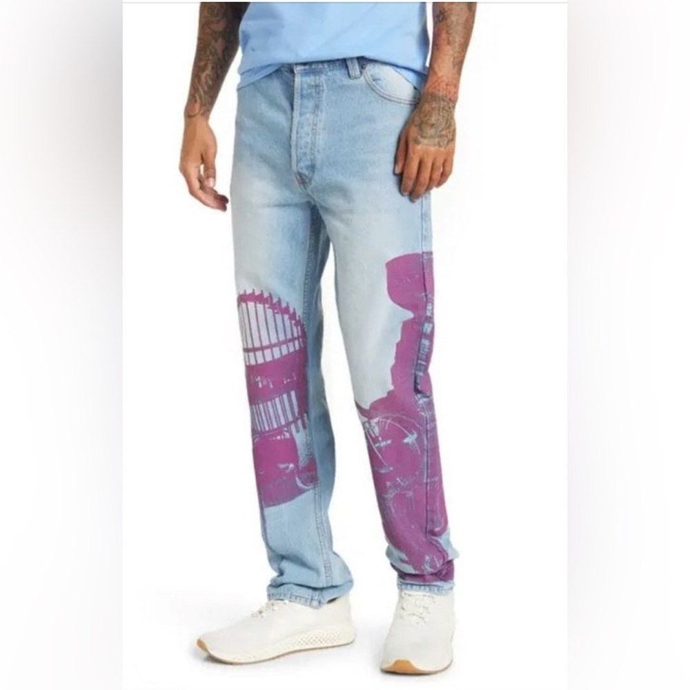 NEW ROKIT Hardware Print Jeans – Medium Wash Blue with Purple Graphic Size 32x32